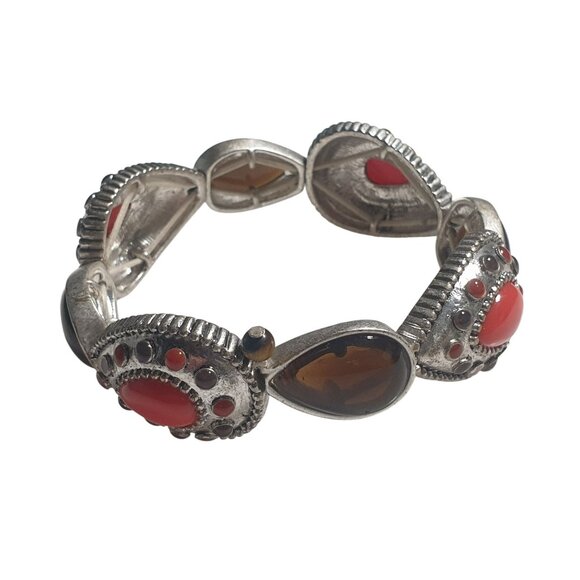 Silver Tone Elastic Bracelet Red Brown Teardrop Beaded Accents Antique Finish De - Picture 2 of 4